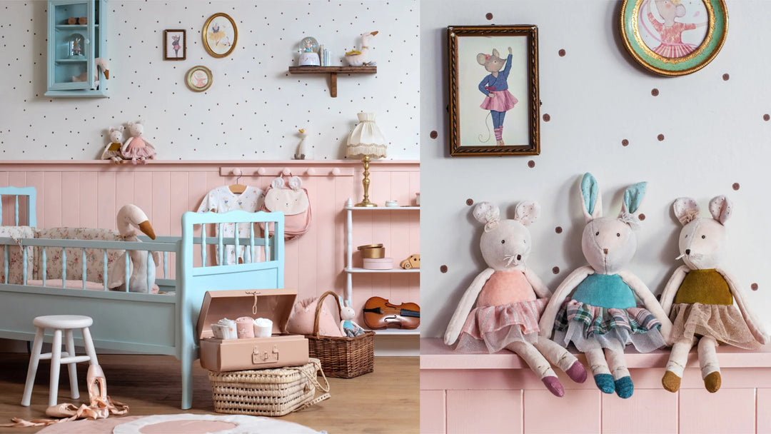 La petite école de danse di Moulin Roty | Collezione nascita, giochi e arredo cameretta bebè con cigni e topi rosa.