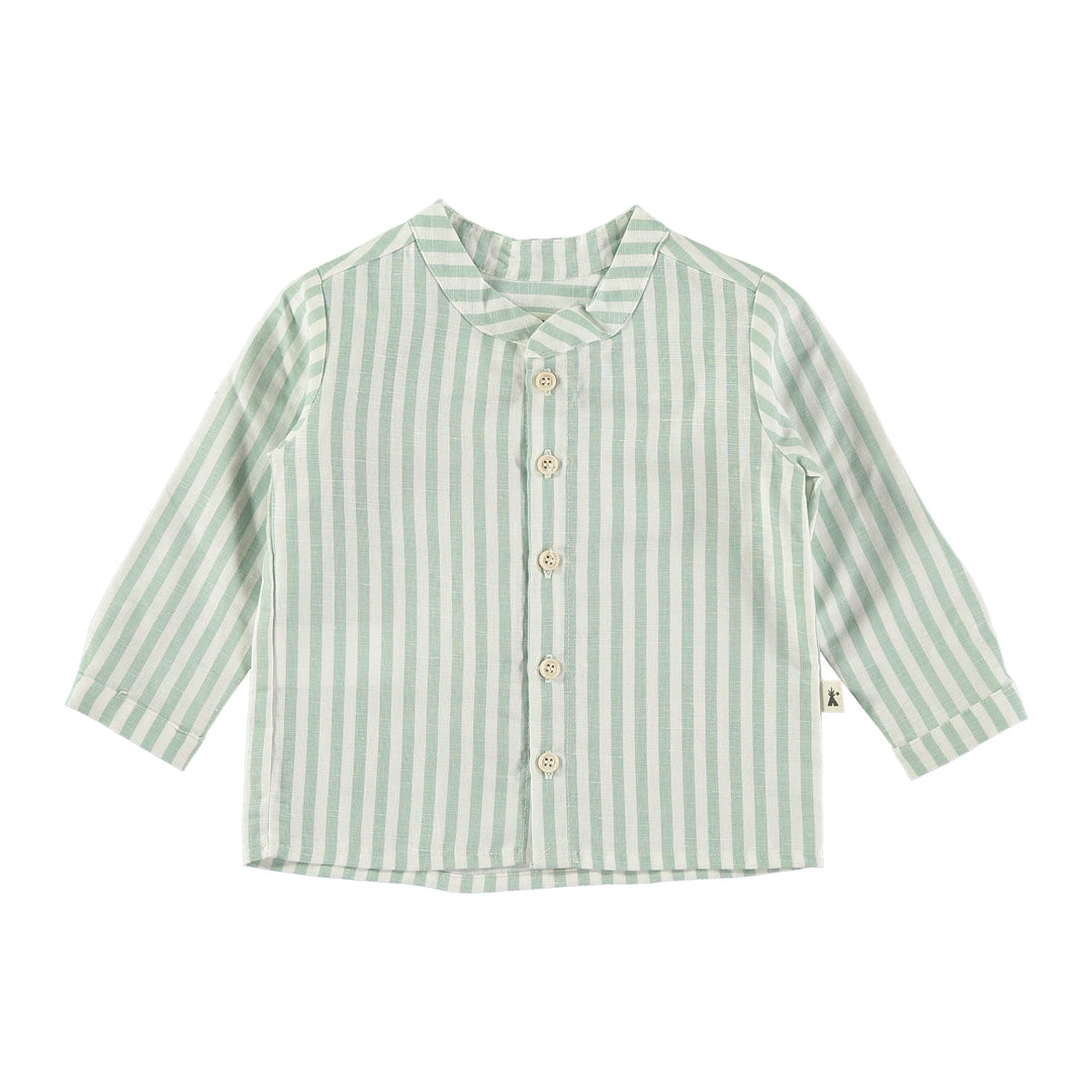 Camicia coreana in misto lino cotone, Righe verde