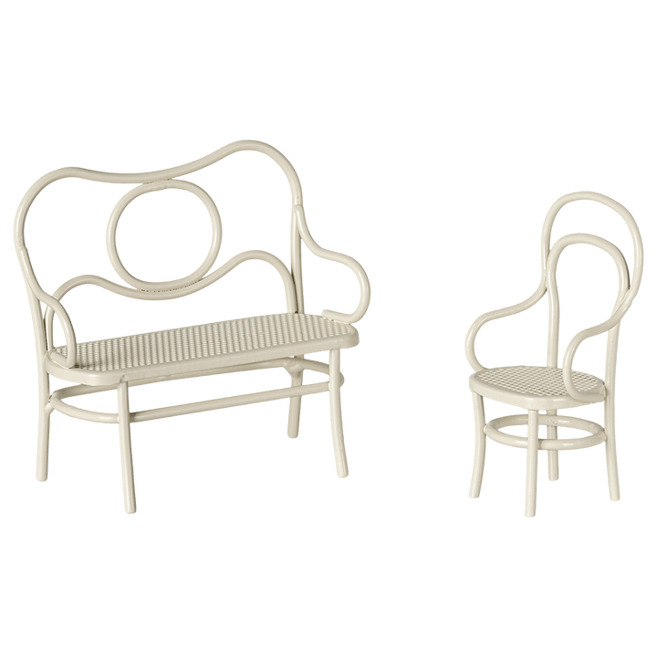Set tavolo caffè, panca e sedia, Bianco, Topo
