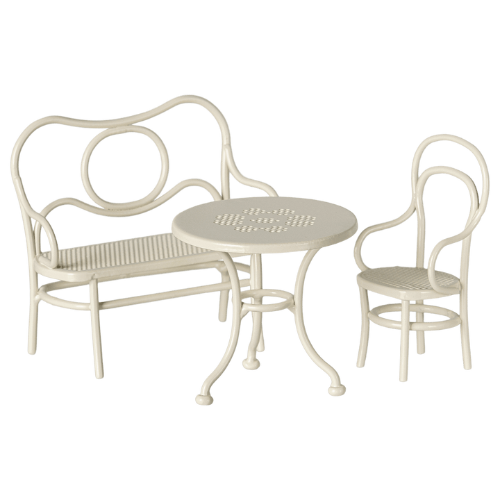 Set tavolo caffè, panca e sedia, Bianco, Topo