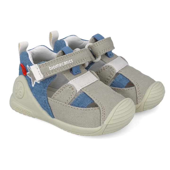 Sandali primi passi in tessuto, Beige blu denim