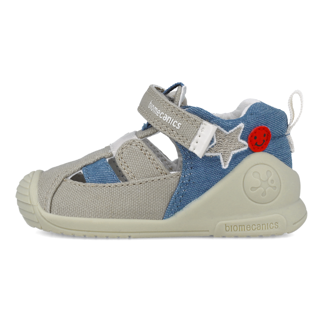 Sandali primi passi in tessuto, Beige blu denim