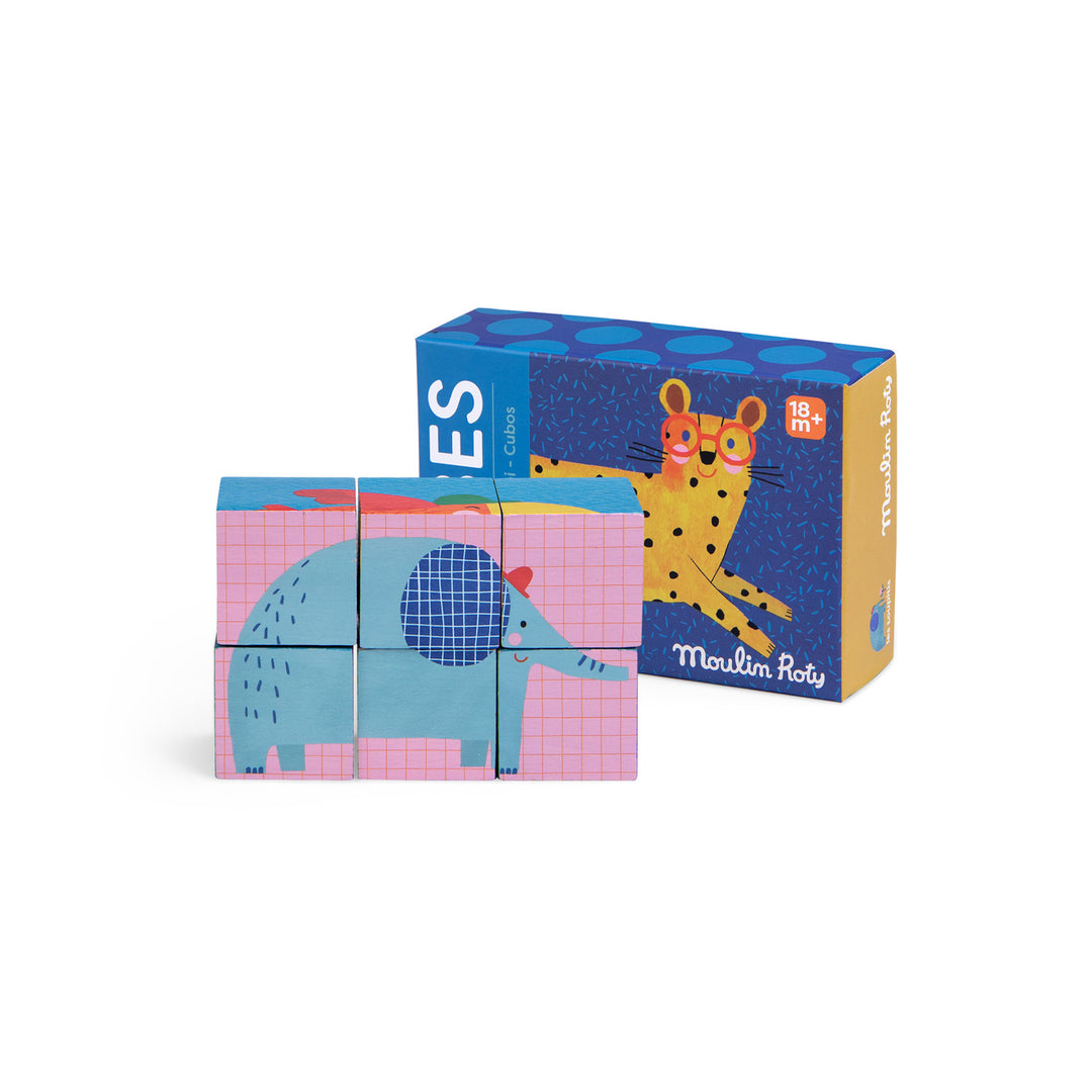 Moulin Roty | Puzzle 6 cubi in legno animali, Les Toupitis