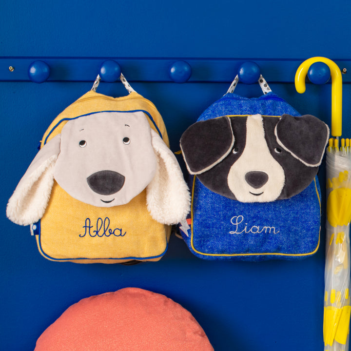 Soft blue backpack, Puce dog
