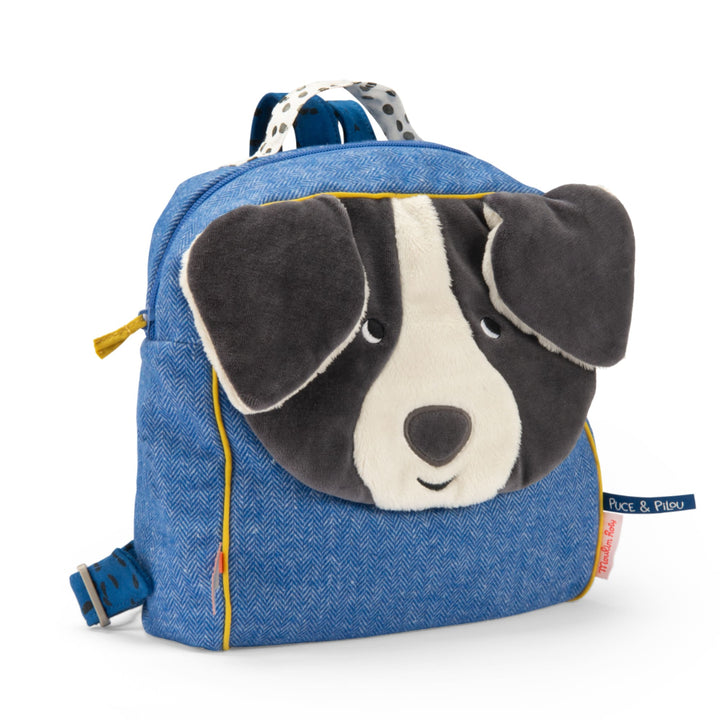 Soft blue backpack, Puce dog