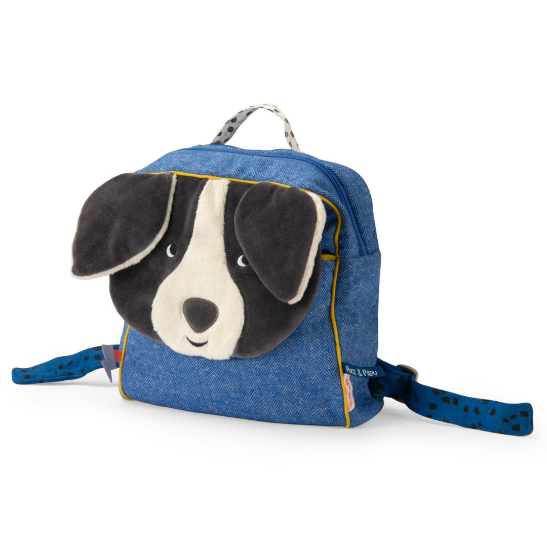 Soft blue backpack, Puce dog