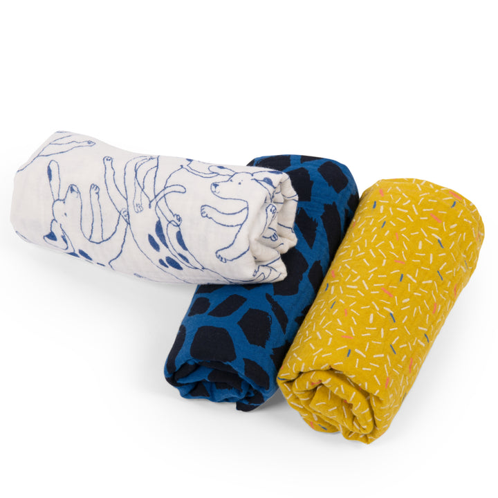 Set of 3 organic cotton muslin blankets, Puce and Pilou