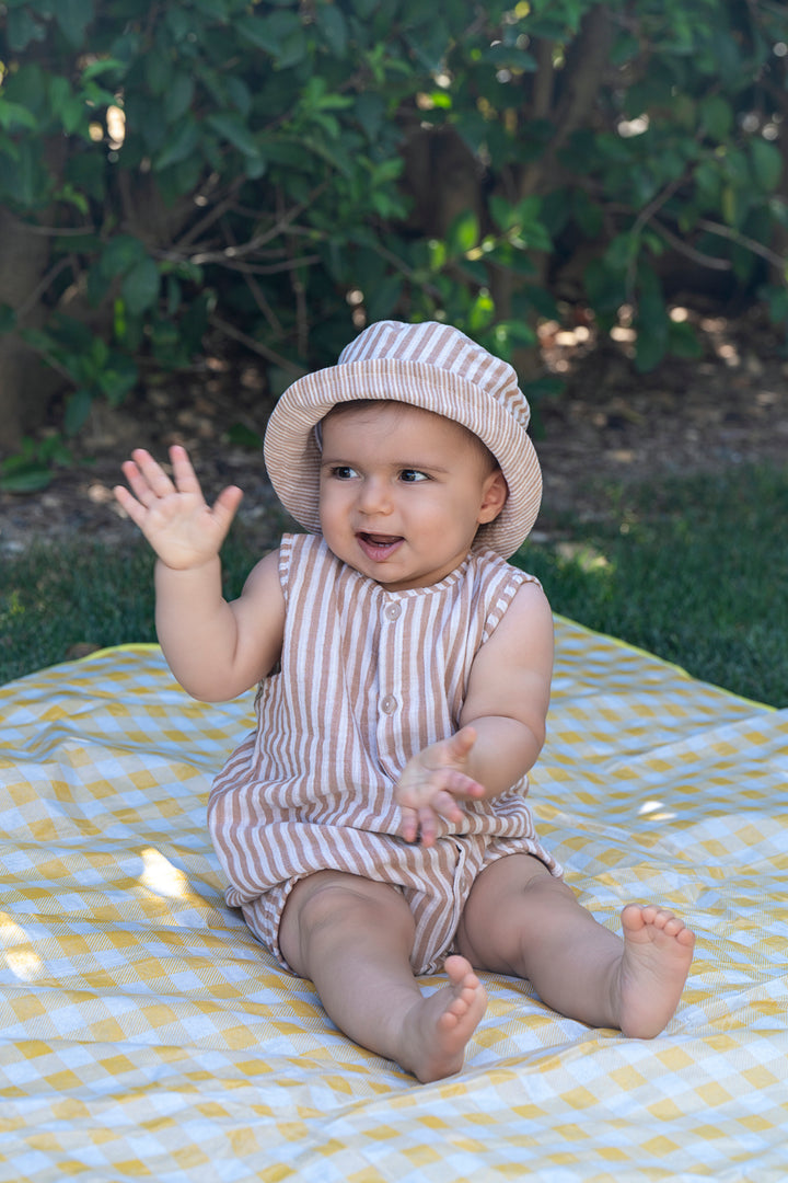 Sleeveless romper with caramel stripes