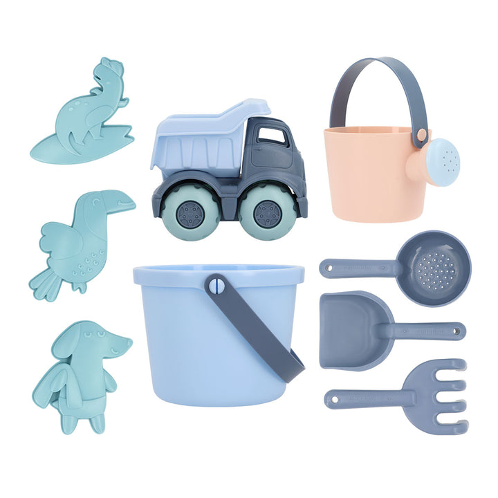Beach toys, bucket, blue truck and accessories