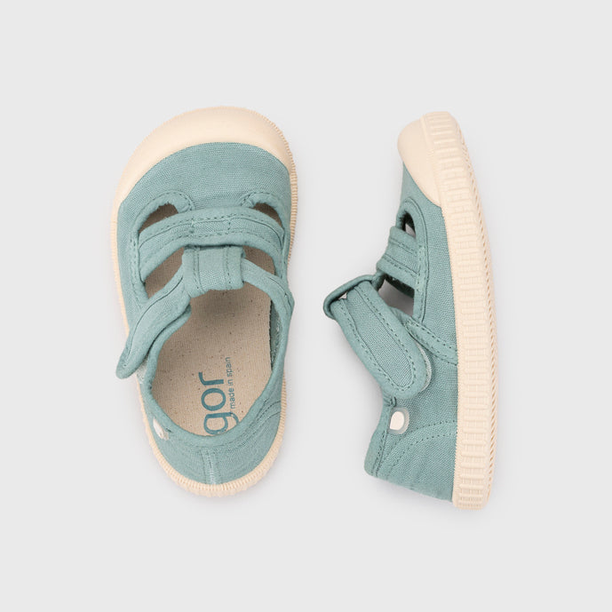 Open canvas shoes barefoot concept, Matcha