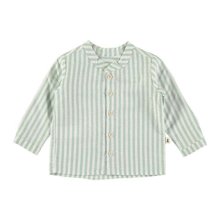 Camicia coreana in misto lino cotone, Righe verde