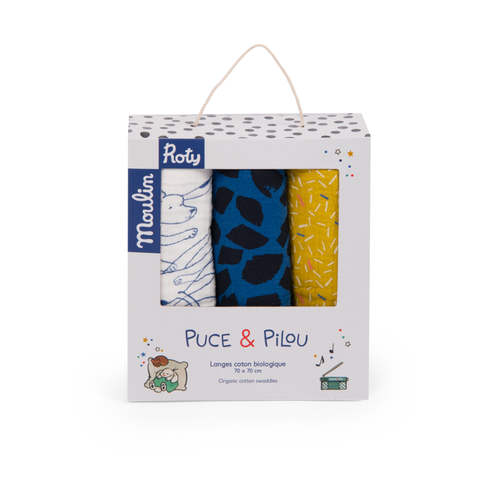 Set of 3 organic cotton muslin blankets, Puce and Pilou