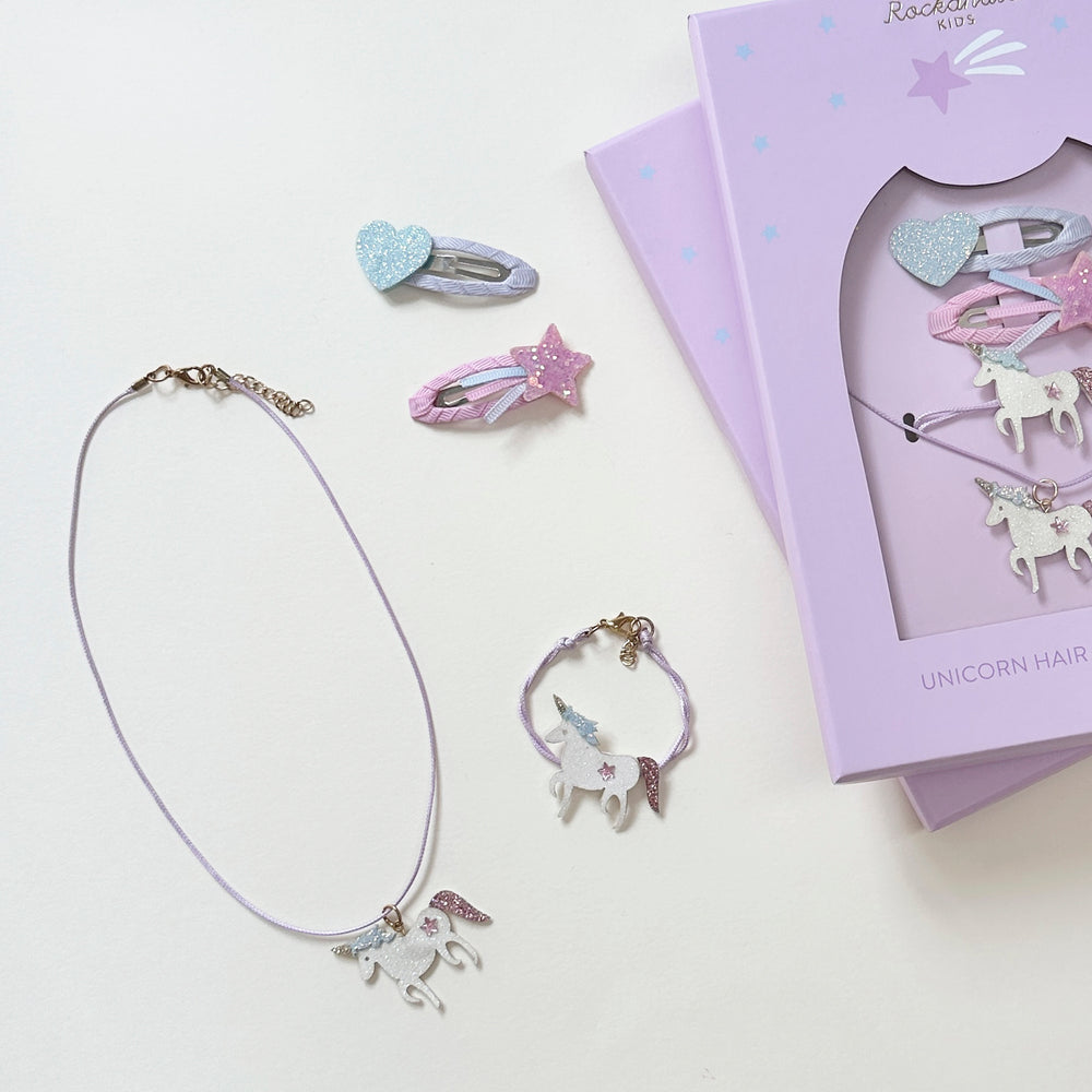 Set regalo collana, braccialetto e fermagli, Unicorno | Rockahula