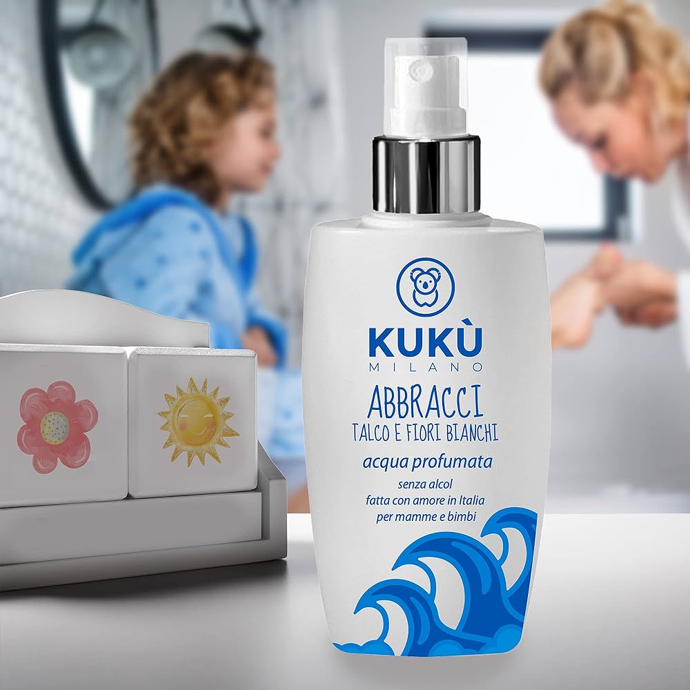 Aqua profumata per bebè, Talco e fiori bianchi, Abbracci | Kukù Milano