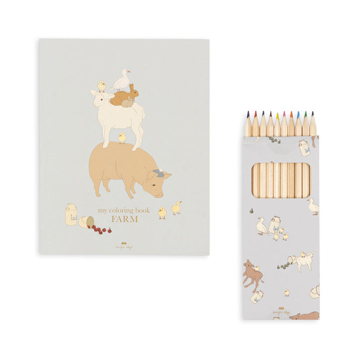Coloring book with pencils, Farm