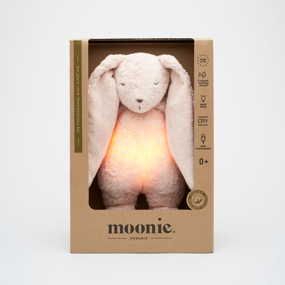 Moonie coniglio ronzante con luce cotone bio, Rose