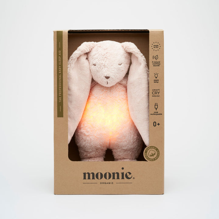 Moonie coniglio ronzante con luce cotone bio, Rose