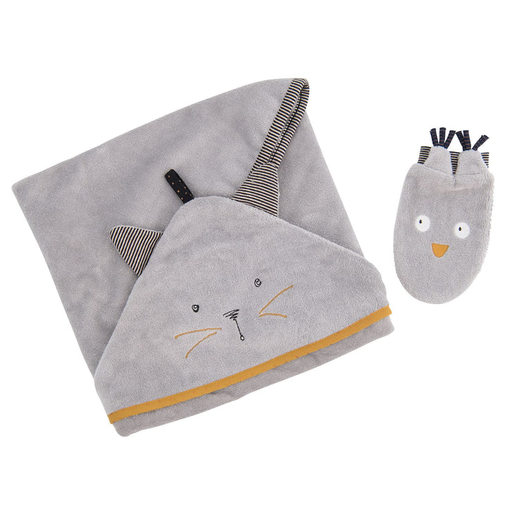 Moulin Roty | Accappatoio Grigio Neonato Gatto Les Moustaches 666270