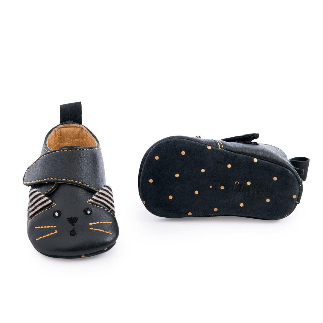 Moulin Roty | Scarpine in cuoio Gatto Nero 0-24 mesi, Les Moustaches