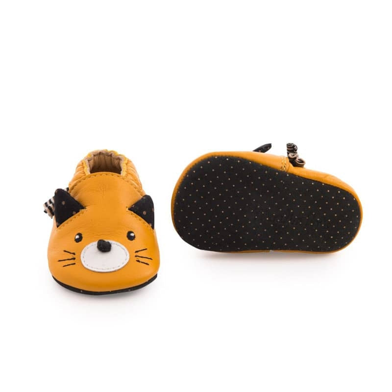 Moulin Roty | Scarpine in cuoio Gatto Ocra 0-24 mesi, Les Moustaches