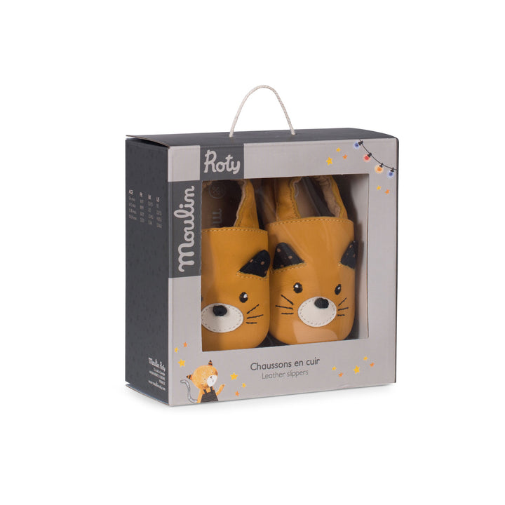 Moulin Roty | Scarpine in cuoio Gatto Ocra 0-24 mesi, Les Moustaches