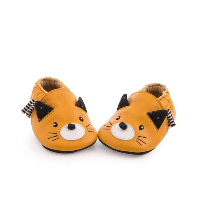 Moulin Roty | Scarpine in cuoio Gatto Ocra 0-24 mesi, Les Moustaches