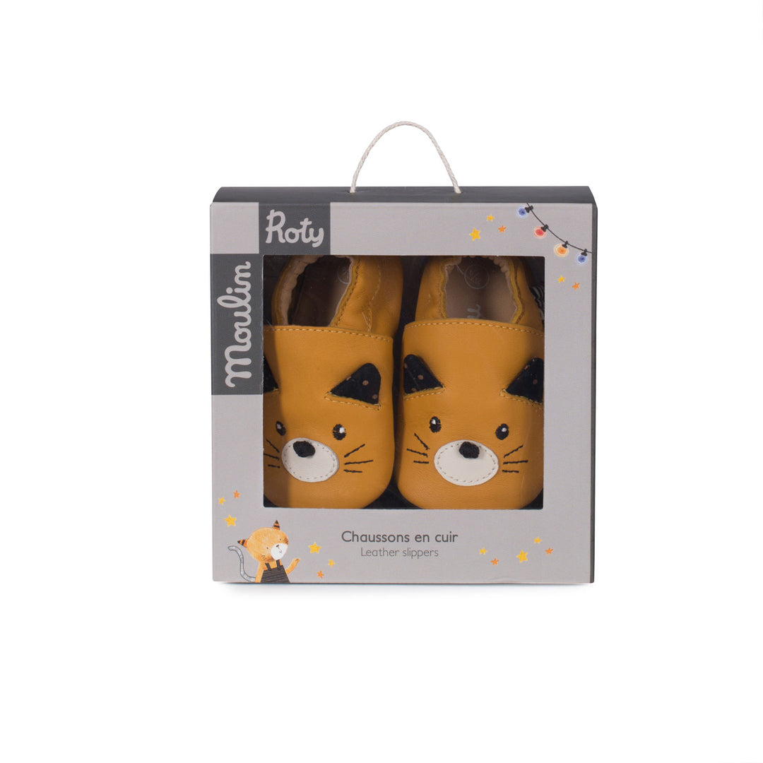 Moulin Roty | Scarpine in cuoio Gatto Ocra 0-24 mesi, Les Moustaches