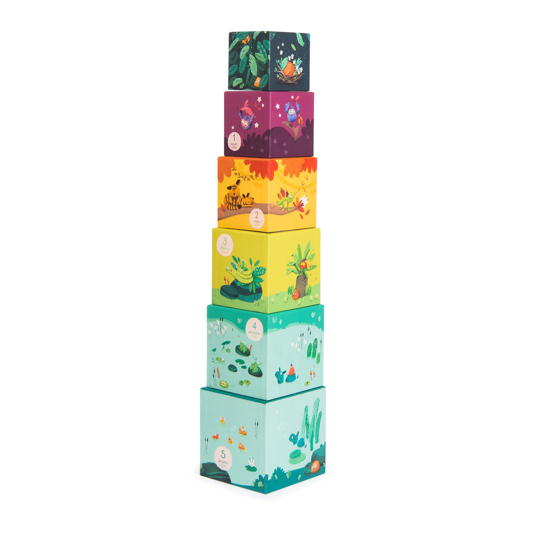 Moulin Roty | Cubi impilabili con 3 uccellini, Dans la Jungle