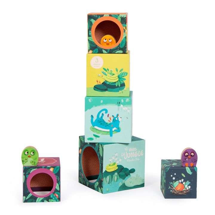 Moulin Roty | Cubi impilabili con 3 uccellini, Dans la Jungle