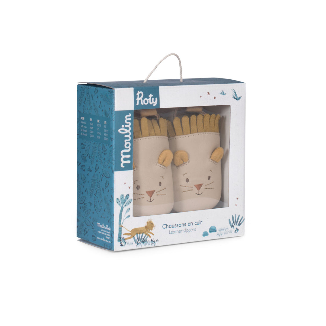 Moulin Roty | Scarpine in cuoio Leone Beige 0-24 mesi, Sous mon Baobab