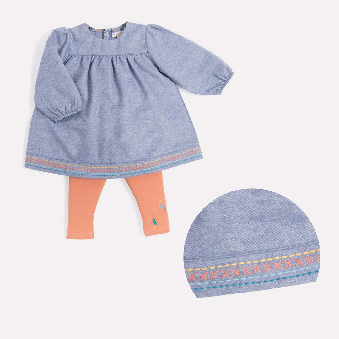 Moulin Roty | Angie Abito in Twill Cotone Blu Ricami Le Voyage d'Olga