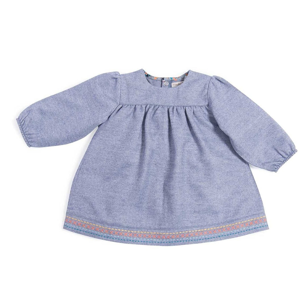 Moulin Roty | Angie Abito in Twill Cotone Blu Ricami Le Voyage d'Olga