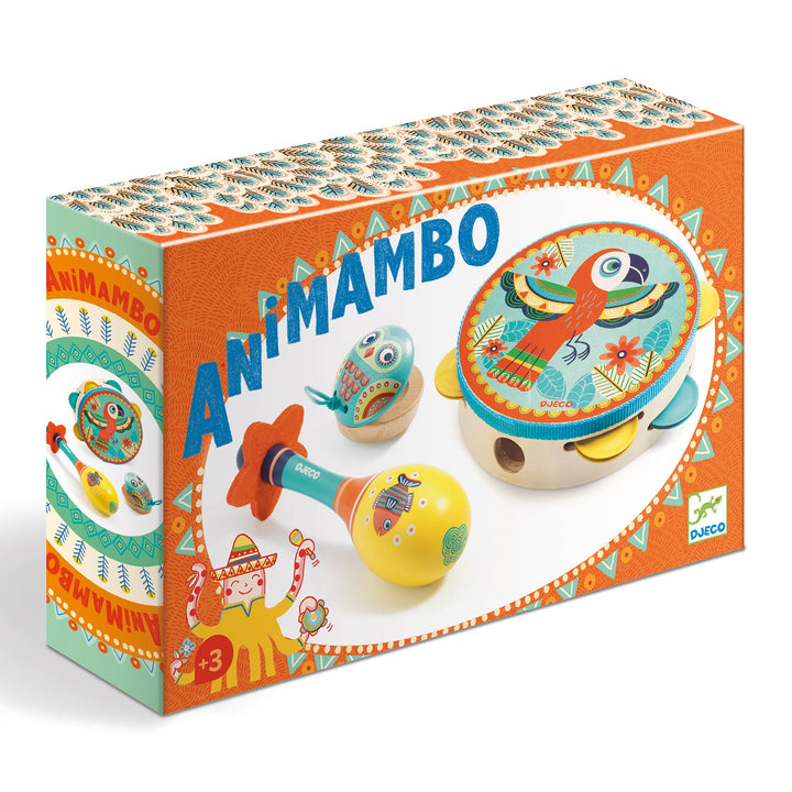 Set 3 strumenti musicali in legno, Tamburello, Maracas e Nacchere