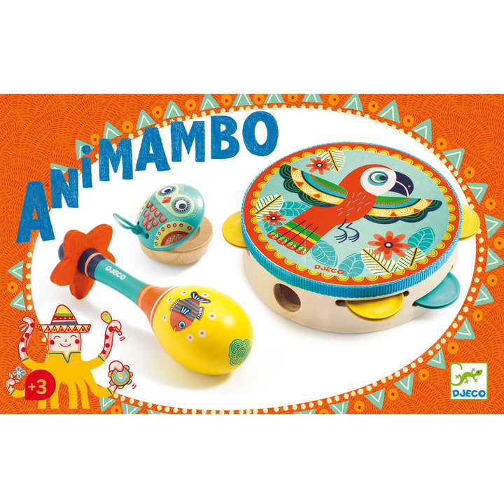 Set 3 strumenti musicali in legno, Tamburello, Maracas e Nacchere