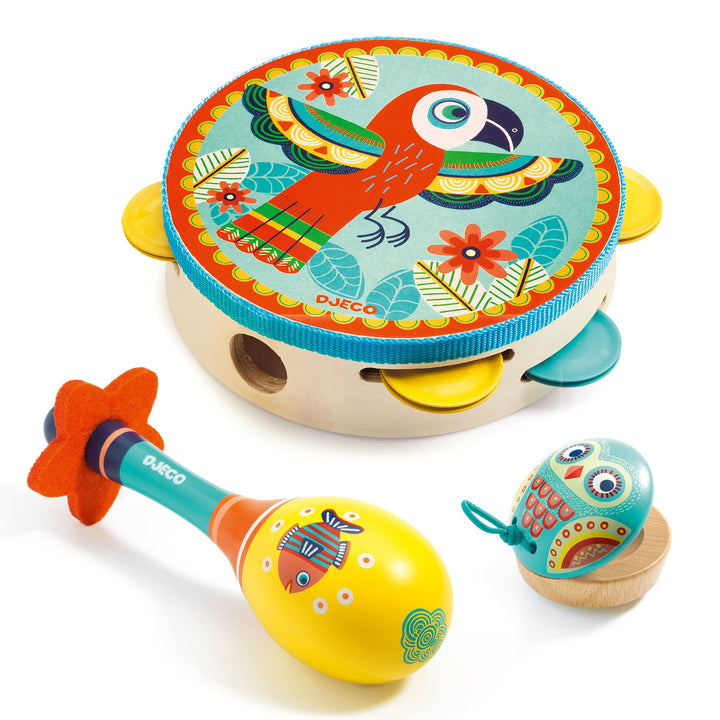 Set 3 strumenti musicali in legno, Tamburello, Maracas e Nacchere