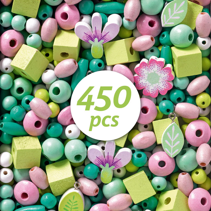 Djeco | Set Perline in Legno, Beads 450pz, Foglie e Fiori DJ09808