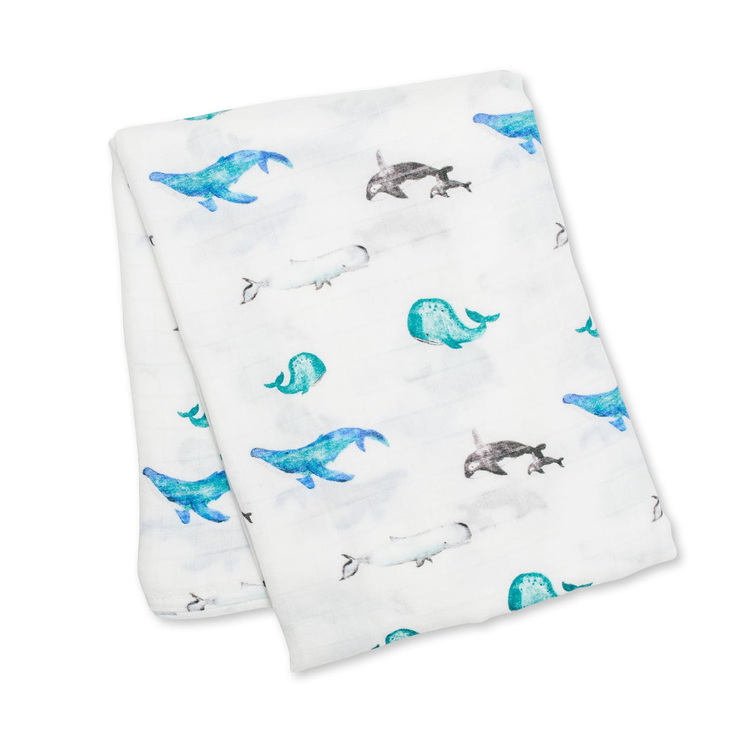 Copertina Swaddle 120x120cm, Balene, Mussola Cotone Bambù | Lulujo