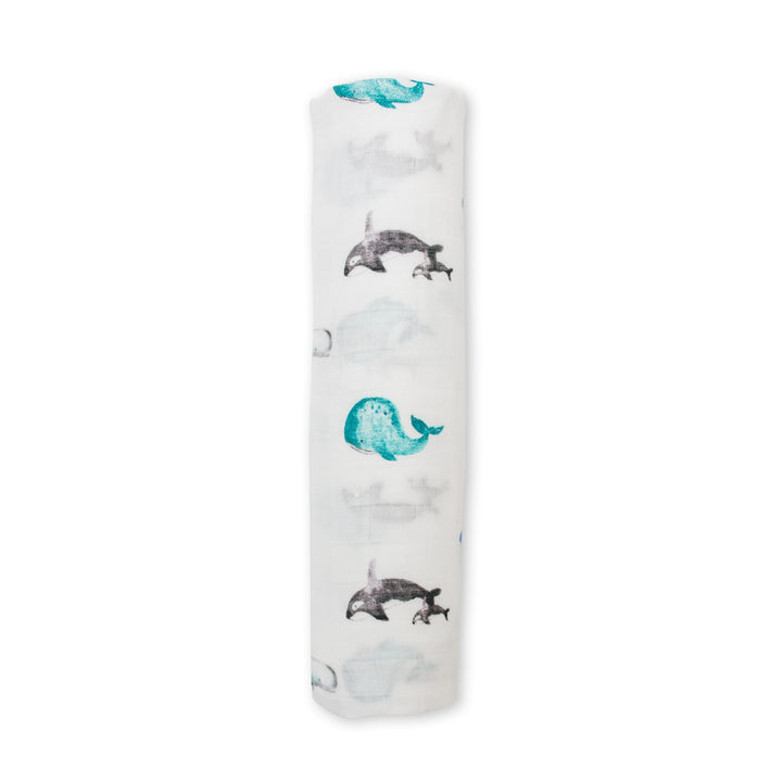 Copertina Swaddle 120x120cm, Balene, Mussola Cotone Bambù | Lulujo