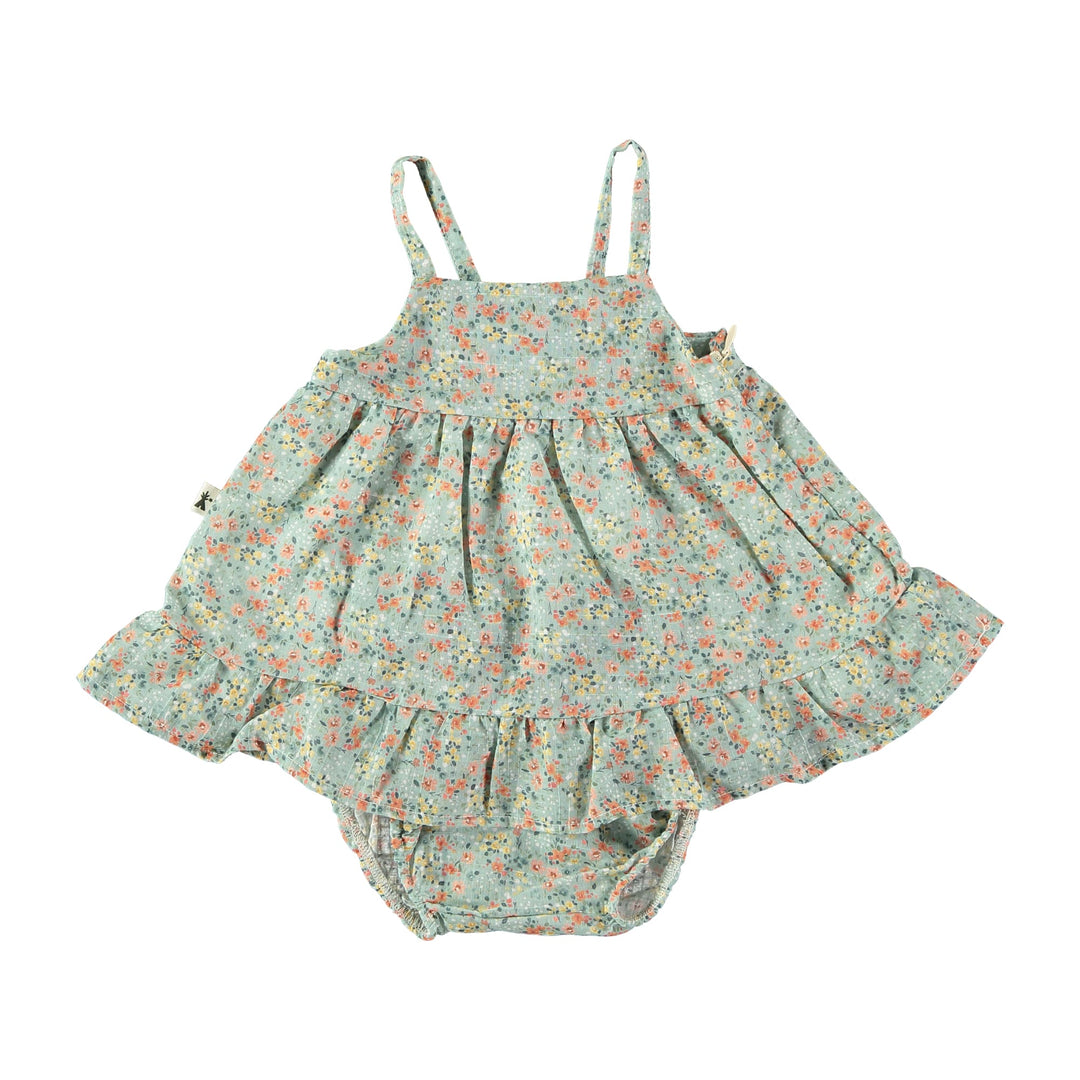 Petit Indi | Abito con culotte in cotone fiori verde