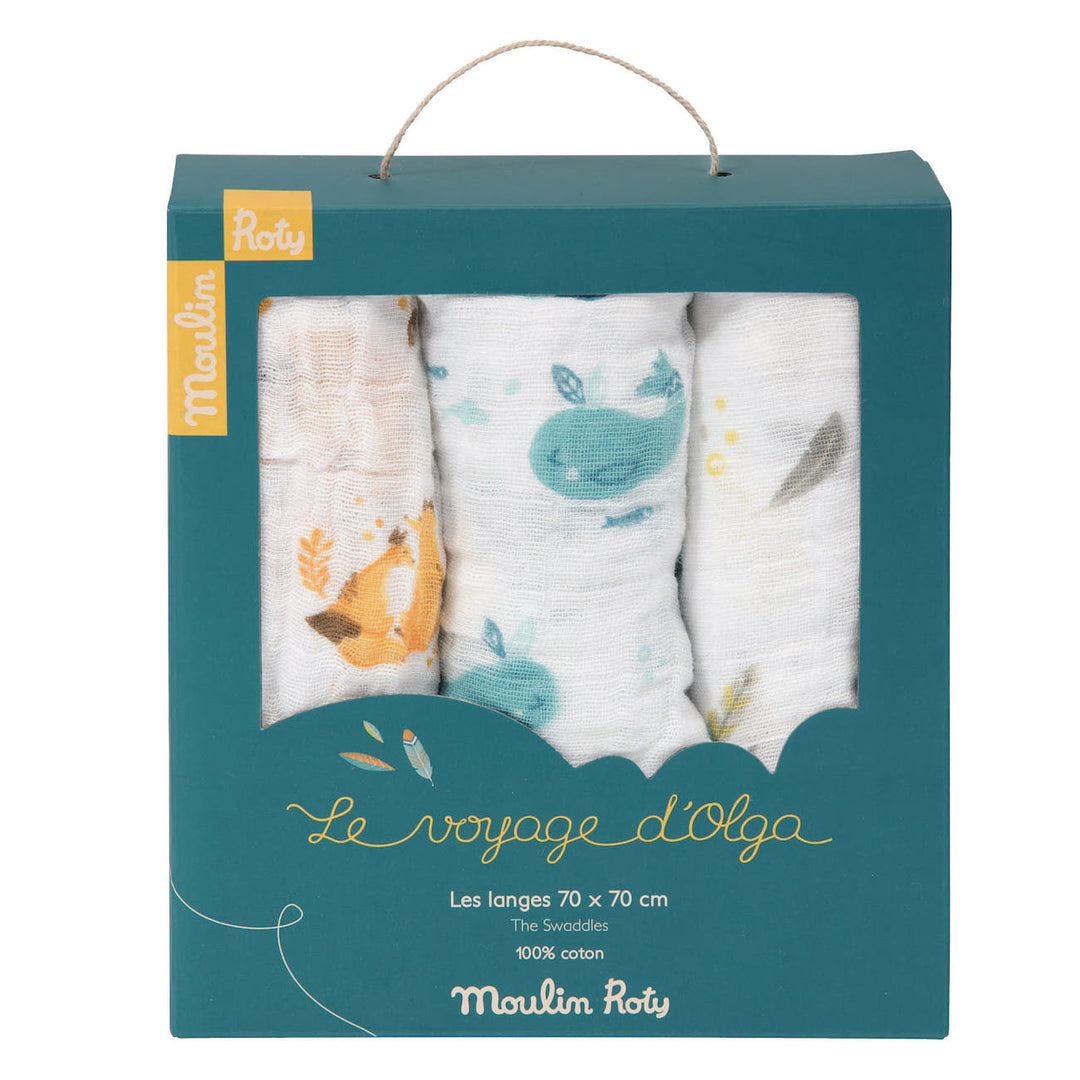 Set 3 Copertine Mussola Cotone 70x70cm Le Voyage d'Olga | Moulin Roty